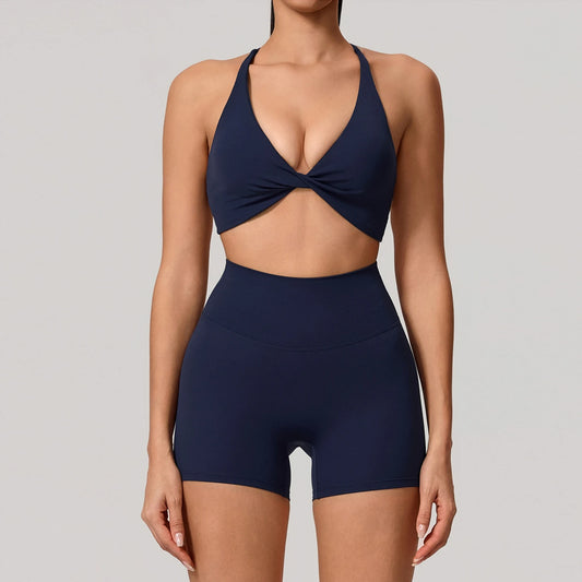 Seamless Sculpt Yoga Set – Cross Sports Bra & High-Waist Shorts