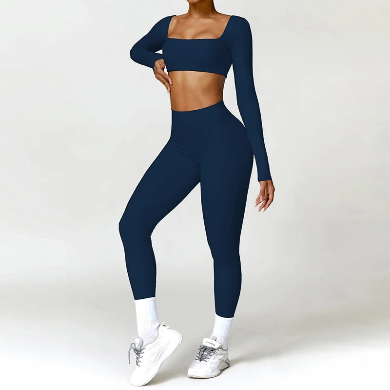 2PCS Yoga & Fitness Set for Women | Quick-Drying Gym Set with Long Sleeve Sports Top & High-Waist Leggings