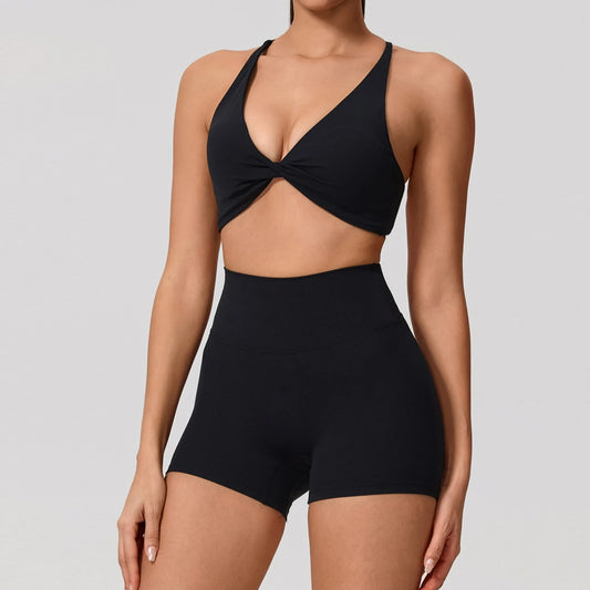 Seamless Sculpt Yoga Set – Cross Sports Bra & High-Waist Shorts
