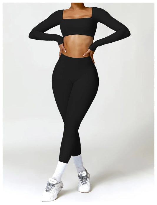 2-Piece Yoga & Fitness Set – Long Sleeve Top & High-Waist Leggings